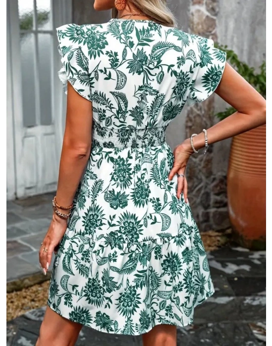 Kadın Kısa Fırfır Kollu Kruvaze Yaka çiçekli Atlas Elbise