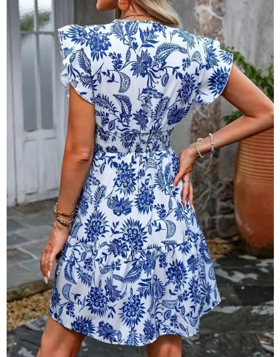 Kadın Kısa Fırfır Kollu Kruvaze Yaka çiçekli Atlas Elbise