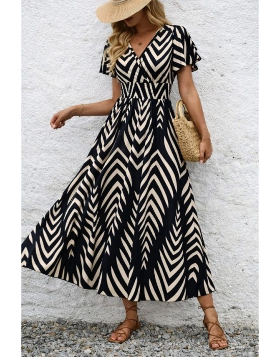 Kadın Kısa Fırfır Kollu Kruvaze Yakalı Beli Lastikli Desenli Uzun Elbise