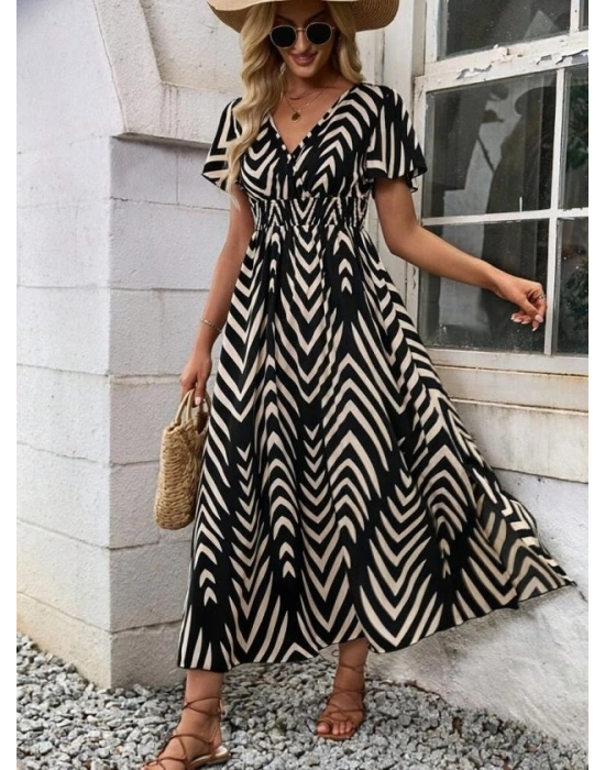 Kadın Kısa Fırfır Kollu Kruvaze Yakalı Beli Lastikli Desenli Uzun Elbise