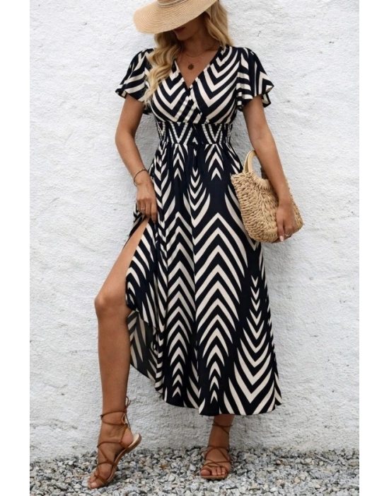 Kadın Kısa Fırfır Kollu Kruvaze Yakalı Beli Lastikli Desenli Uzun Elbise