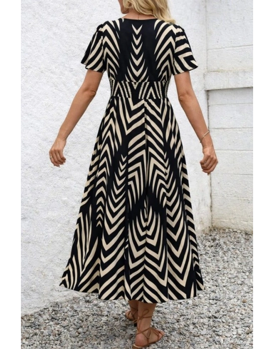 Kadın Kısa Fırfır Kollu Kruvaze Yakalı Beli Lastikli Desenli Uzun Elbise