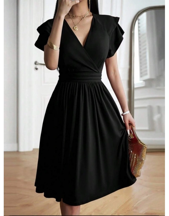 Kadın Kısa Fırfır Kollu Kruvaze Yakalı Kiloş Janjan Krep Elbise