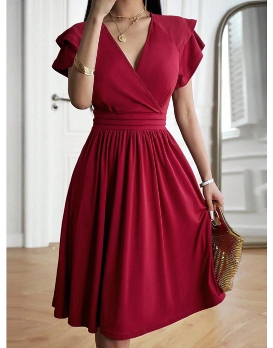 Kadın Kısa Fırfır Kollu Kruvaze Yakalı Kiloş Janjan Krep Elbise