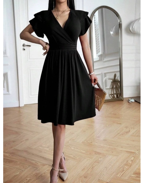 Kadın Kısa Fırfır Kollu Kruvaze Yakalı Kiloş Janjan Krep Elbise