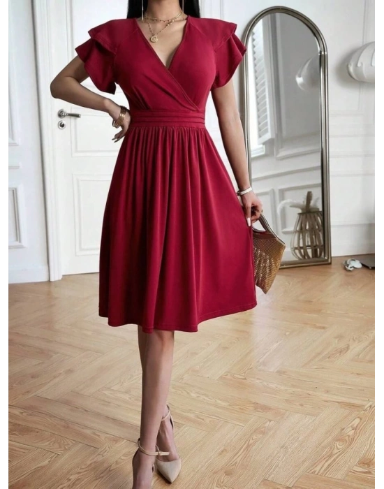 Kadın Kısa Fırfır Kollu Kruvaze Yakalı Kiloş Janjan Krep Elbise