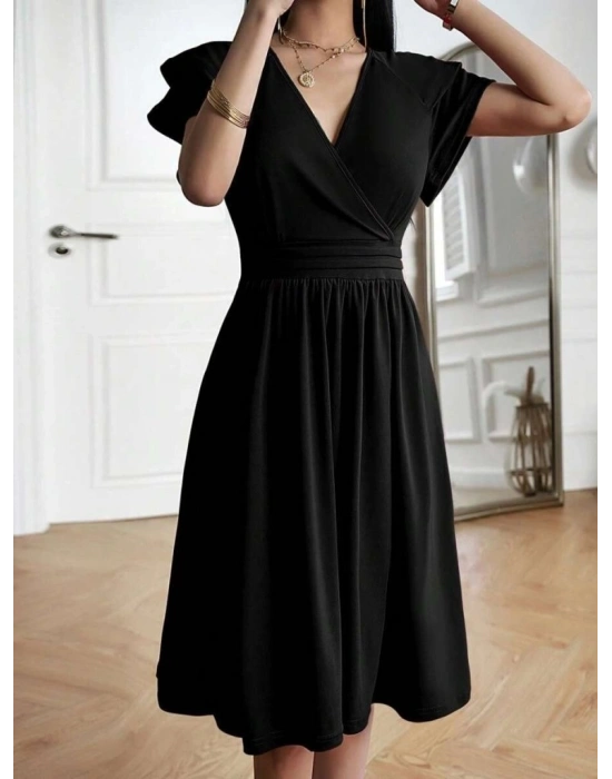 Kadın Kısa Fırfır Kollu Kruvaze Yakalı Kiloş Janjan Krep Elbise