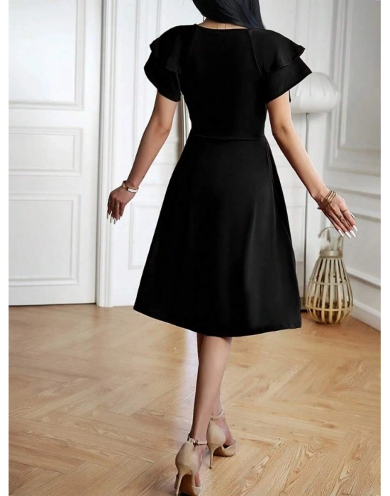 Kadın Kısa Fırfır Kollu Kruvaze Yakalı Kiloş Janjan Krep Elbise