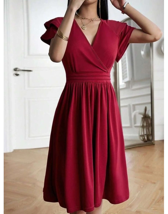 Kadın Kısa Fırfır Kollu Kruvaze Yakalı Kiloş Janjan Krep Elbise