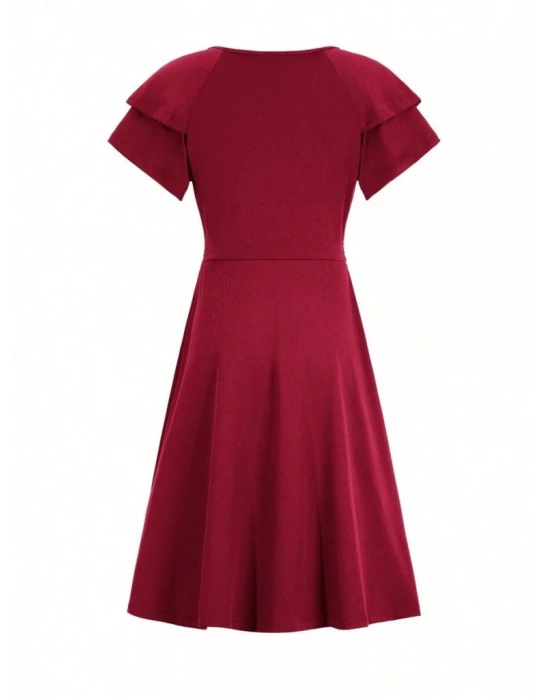 Kadın Kısa Fırfır Kollu Kruvaze Yakalı Kiloş Janjan Krep Elbise