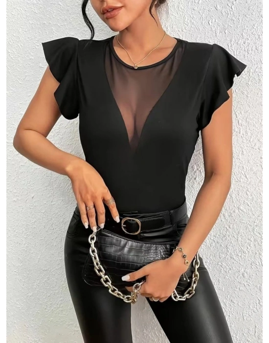 Kadın Kısa Fırfırlı Kol Yuvarlak Yakalı Transparan Detaylı Viskon Bluz