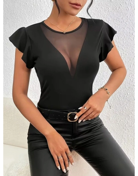 Kadın Kısa Fırfırlı Kol Yuvarlak Yakalı Transparan Detaylı Viskon Bluz