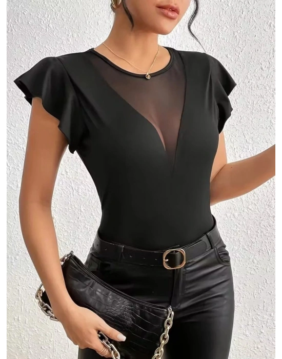 Kadın Kısa Fırfırlı Kol Yuvarlak Yakalı Transparan Detaylı Viskon Bluz