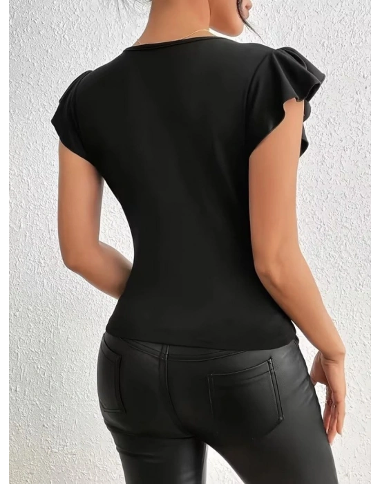 Kadın Kısa Fırfırlı Kol Yuvarlak Yakalı Transparan Detaylı Viskon Bluz