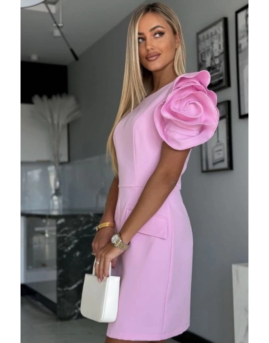 Kadın Kısa Gül Detaylı Kollu Bisiklet Yaka Cepli Mini Atlas Elbise