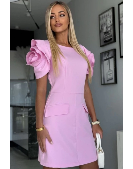 Kadın Kısa Gül Detaylı Kollu Bisiklet Yaka Cepli Mini Atlas Elbise