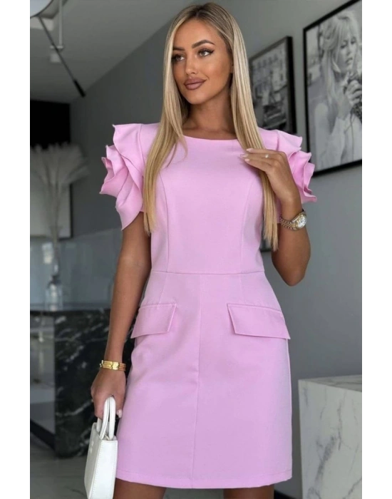 Kadın Kısa Gül Detaylı Kollu Bisiklet Yaka Cepli Mini Atlas Elbise