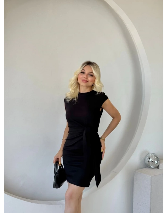 Kadın Kısa Kap Kollu Bisiklet Yaka Belden Bağlamalı odal ini Elbise