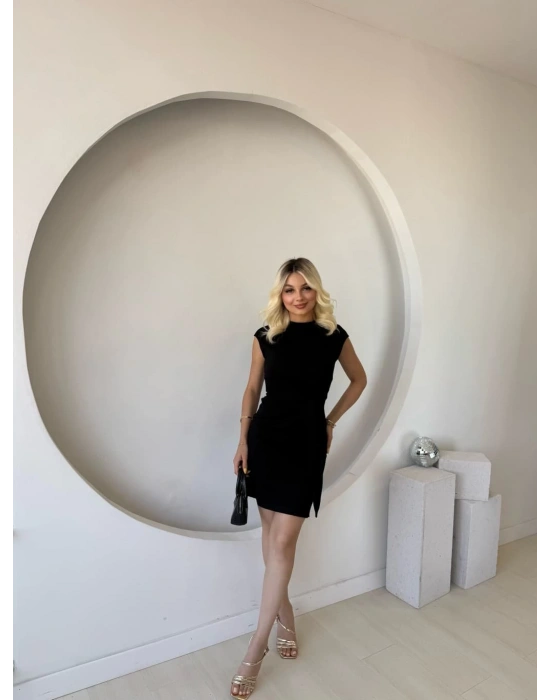 Kadın Kısa Kap Kollu Bisiklet Yaka Belden Bağlamalı odal ini Elbise