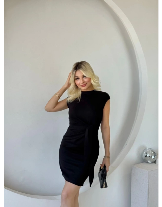 Kadın Kısa Kap Kollu Bisiklet Yaka Belden Bağlamalı odal ini Elbise