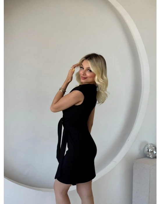 Kadın Kısa Kap Kollu Bisiklet Yaka Belden Bağlamalı odal ini Elbise