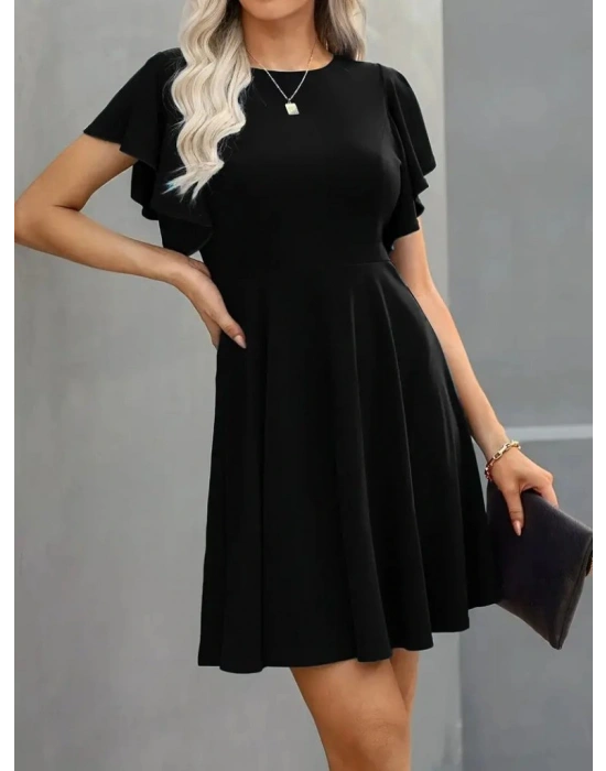 Kadın Kısa Kelebek Kollu Bisiklet Yaka Janjan Krep Elbise