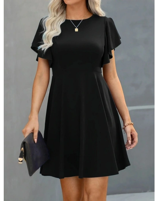 Kadın Kısa Kelebek Kollu Bisiklet Yaka Janjan Krep Elbise