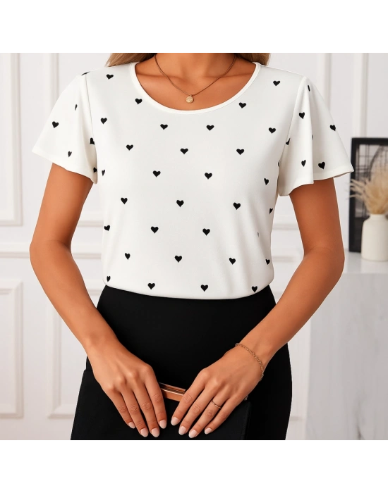 Kadın Kısa Kelebek Kollu Bisiklet Yaka Kalp Desenli Süprem Bluz