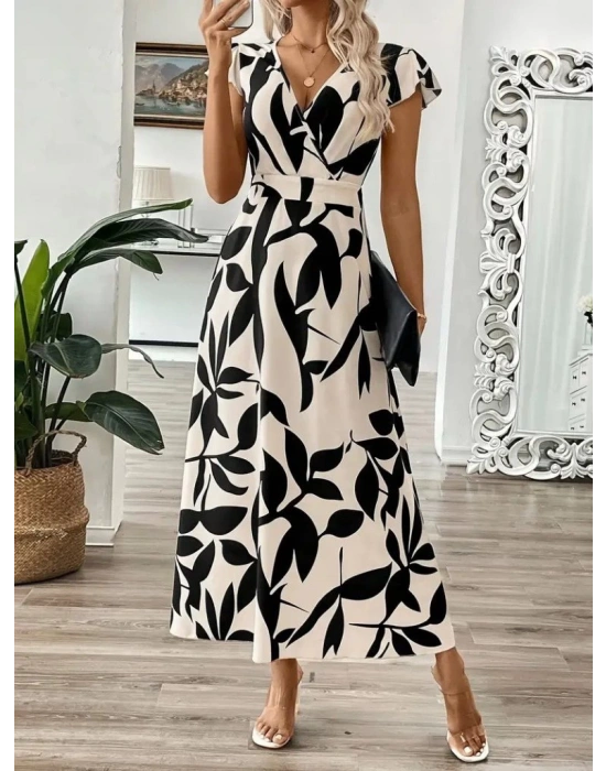 Kadın Kısa Kelebek Kollu Kruvaze Yaka Desenli Süprem Elbise