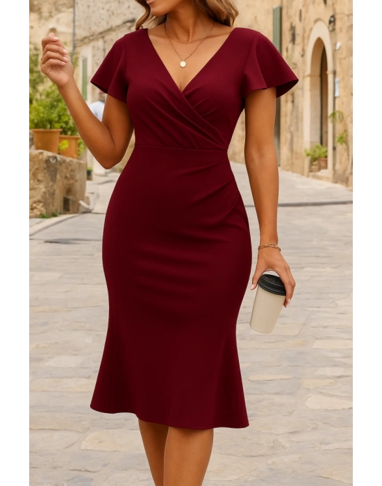 Kadın Kısa Kelebek Kollu Kruvaze Yaka Ithal Krep Midi Elbise