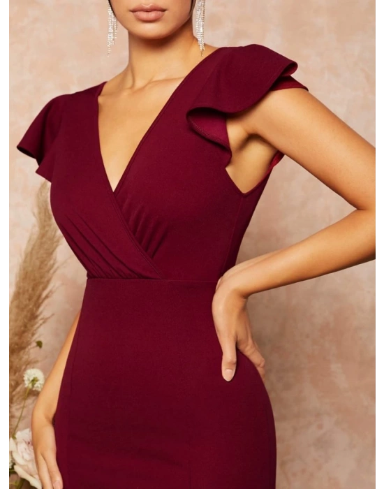 Kadın Kısa Kelebek Kollu Kruvaze Yaka Ithal Krep Midi Elbise