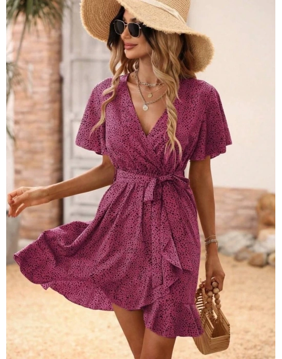 Kadın Kısa Kelebek Kollu Kruvaze Yakalı Belden Kuşaklı Kısa Desenli Süprem Elbise