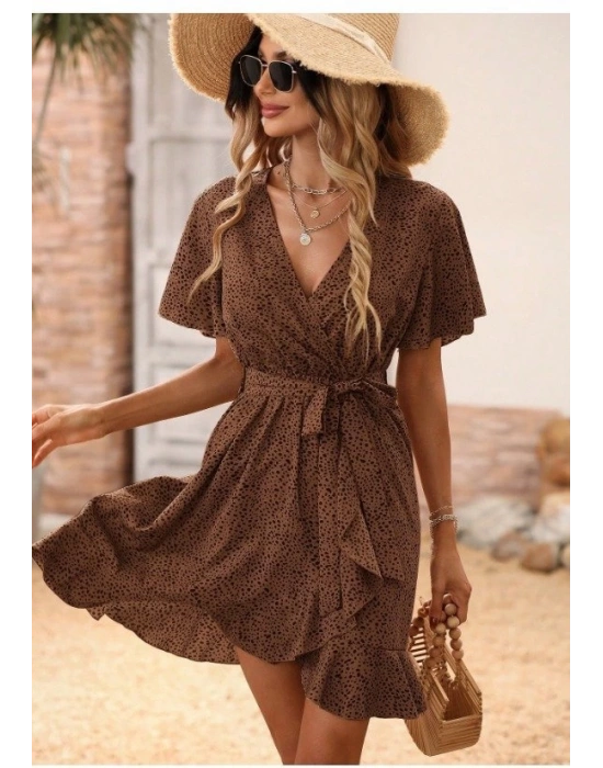 Kadın Kısa Kelebek Kollu Kruvaze Yakalı Belden Kuşaklı Kısa Desenli Süprem Elbise