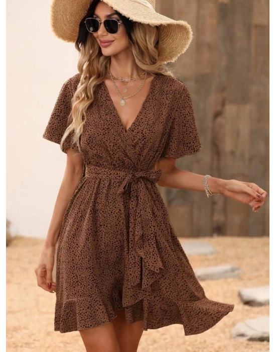 Kadın Kısa Kelebek Kollu Kruvaze Yakalı Belden Kuşaklı Kısa Desenli Süprem Elbise