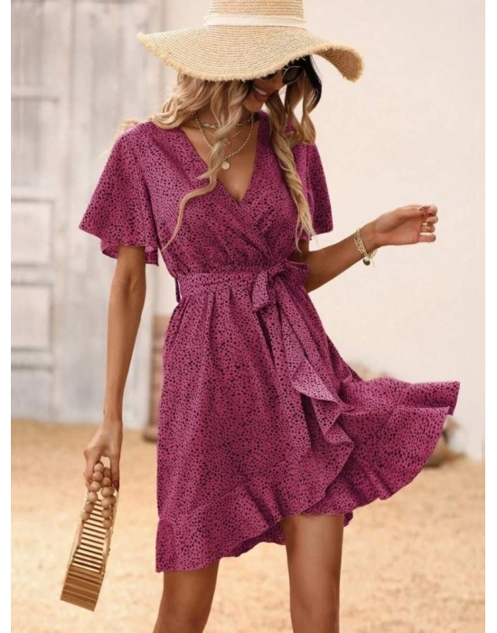 Kadın Kısa Kelebek Kollu Kruvaze Yakalı Belden Kuşaklı Kısa Desenli Süprem Elbise