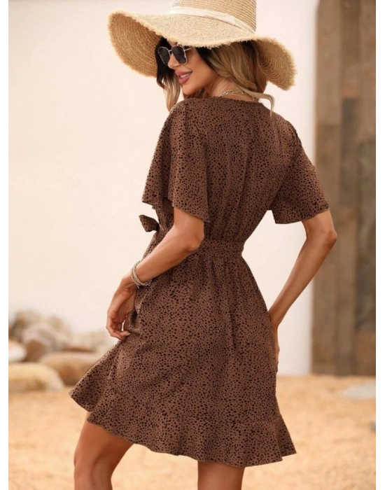 Kadın Kısa Kelebek Kollu Kruvaze Yakalı Belden Kuşaklı Kısa Desenli Süprem Elbise