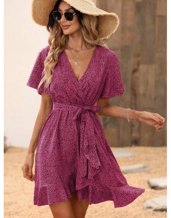 Kadın Kısa Kelebek Kollu Kruvaze Yakalı Belden Kuşaklı Kısa Desenli Süprem Elbise