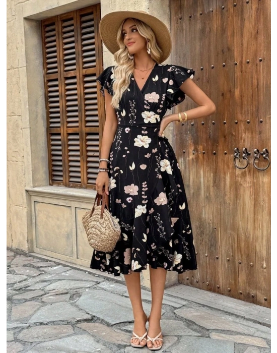 Kadın Kısa Kelebek Kollu Kruvaze Yakalı Belden Kuşaklı Midi Süprem Elbise