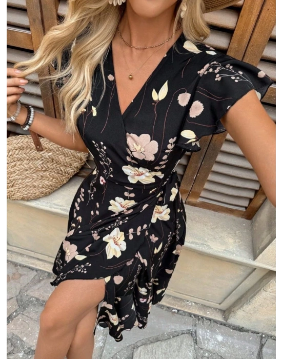 Kadın Kısa Kelebek Kollu Kruvaze Yakalı Belden Kuşaklı Midi Süprem Elbise