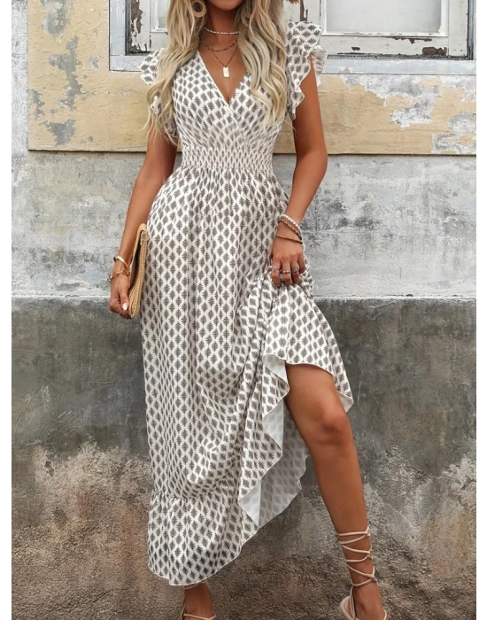 Kadın Kısa Kelebek Kollu Kruvaze Yakalı Desenli Süprem Elbise