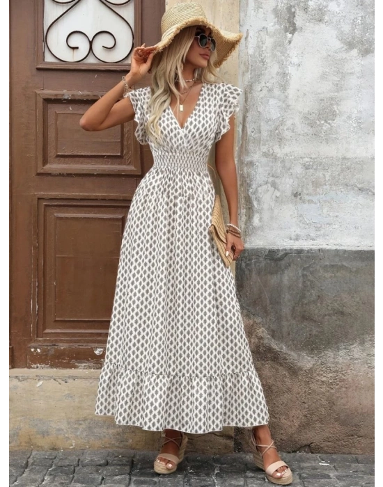 Kadın Kısa Kelebek Kollu Kruvaze Yakalı Desenli Süprem Elbise