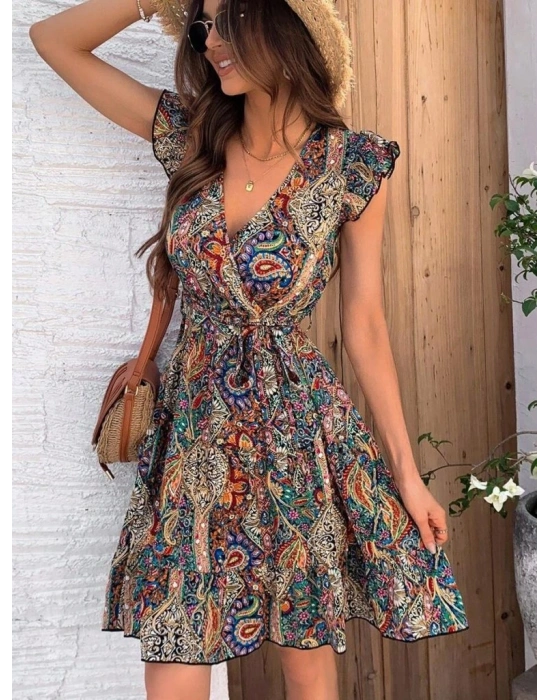 Kadın Kısa Kelebek Kollu Kruvaze Yakalı Süprem Elbise