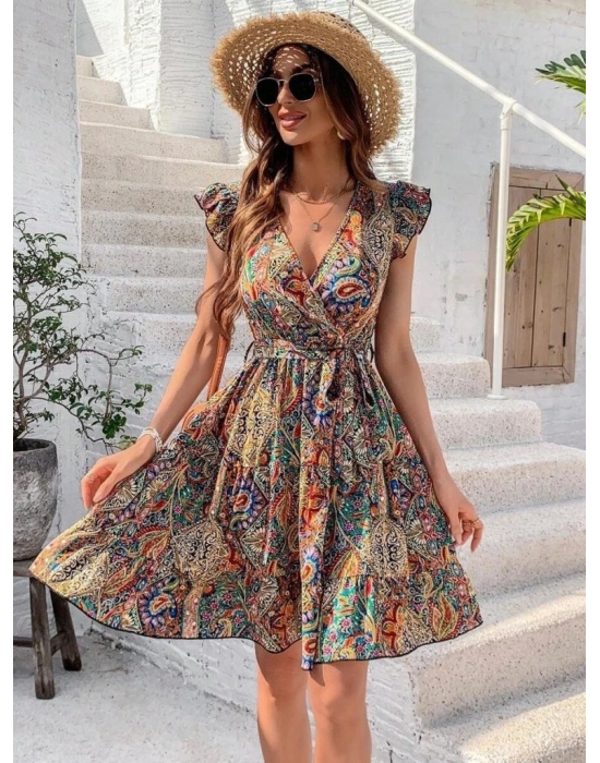 Kadın Kısa Kelebek Kollu Kruvaze Yakalı Süprem Elbise