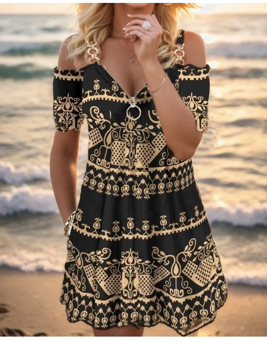 Kadın Kısa Kollu Aksesuar Askılı Fermuarlı Etnik Desen Mikro Elbise