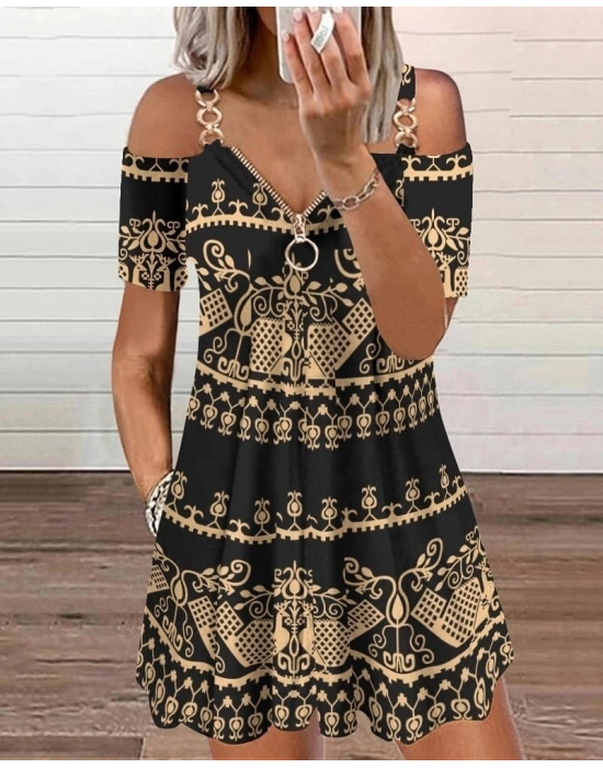 Kadın Kısa Kollu Aksesuar Fermuarlı Etnik Desen Mikro Elbise