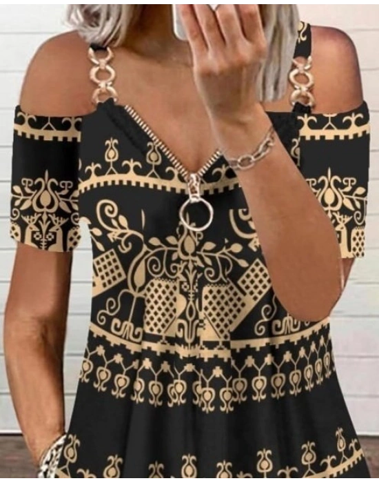 Kadın Kısa Kollu Aksesuar Fermuarlı Etnik Desen Mikro Elbise