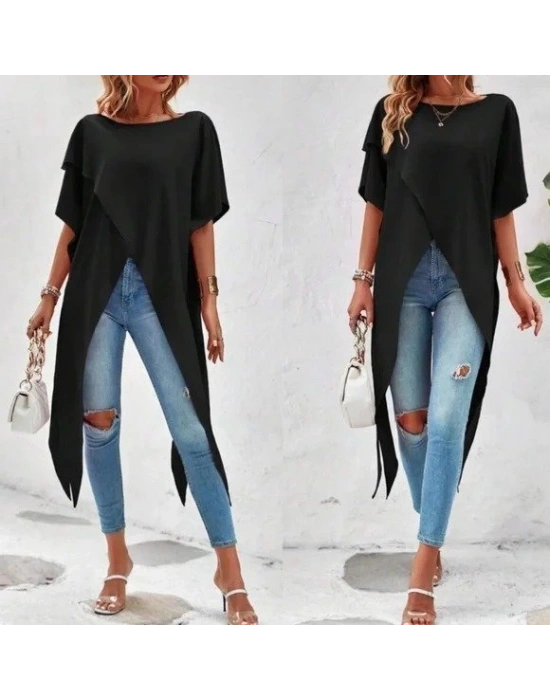 Kadın Kısa Kollu Asimetrik Kesim andy Uzun Bluz