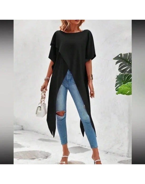 Kadın Kısa Kollu Asimetrik Kesim andy Uzun Bluz