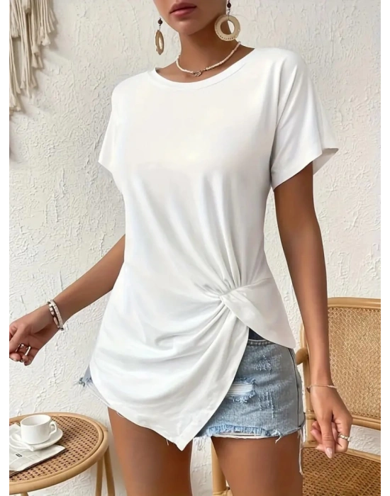 Kadın Kısa Kollu Asimetrik Kesim Bel Büzgü Düğüm Detay Viskon Bluz