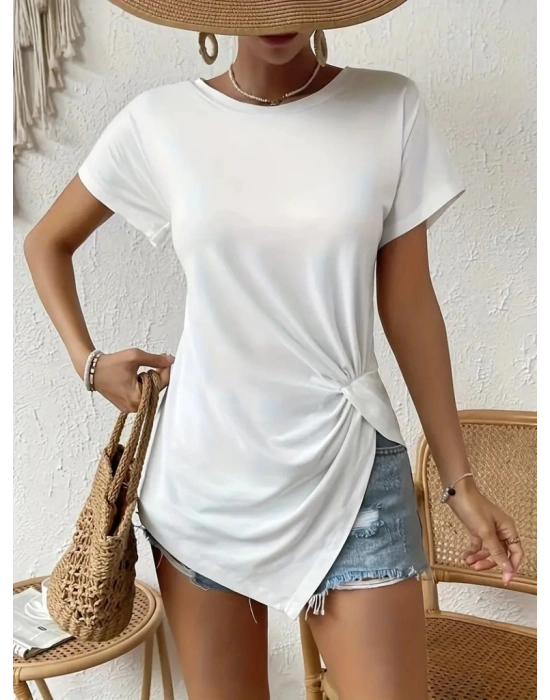 Kadın Kısa Kollu Asimetrik Kesim Beli Büzgü Düğüm Detay Viskon Bluz